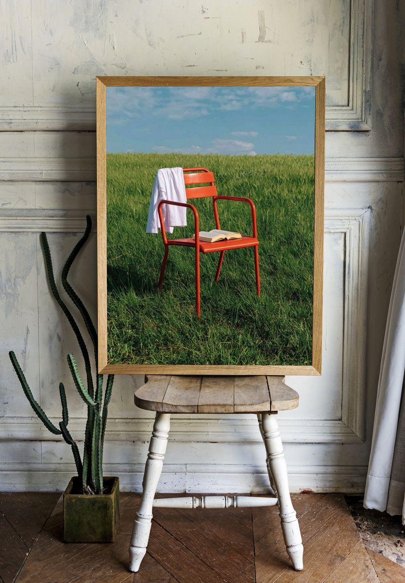 Red Chair in Meadow Photography Poster. room preview