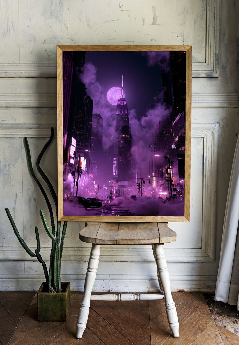 Purple Moonlit Cityscape Photography Poster. room preview