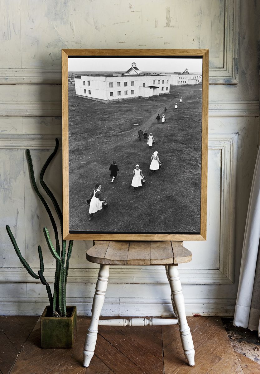 Village Walk in Black White Poster. room preview