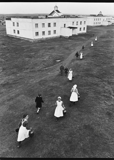 Village Walk in Black White Poster.