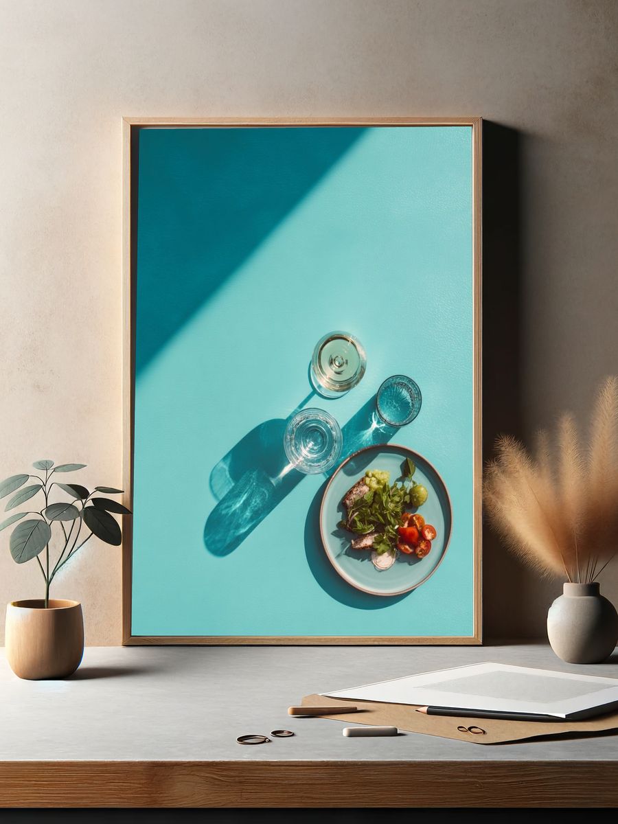 Turquoise Tabletop Still Life Poster. — room view 2