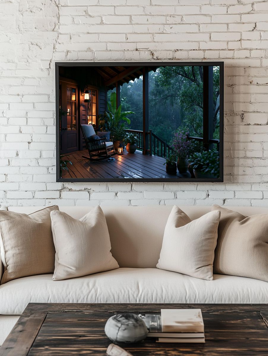 Rainy Jungle Porch Photography Poster. room preview
