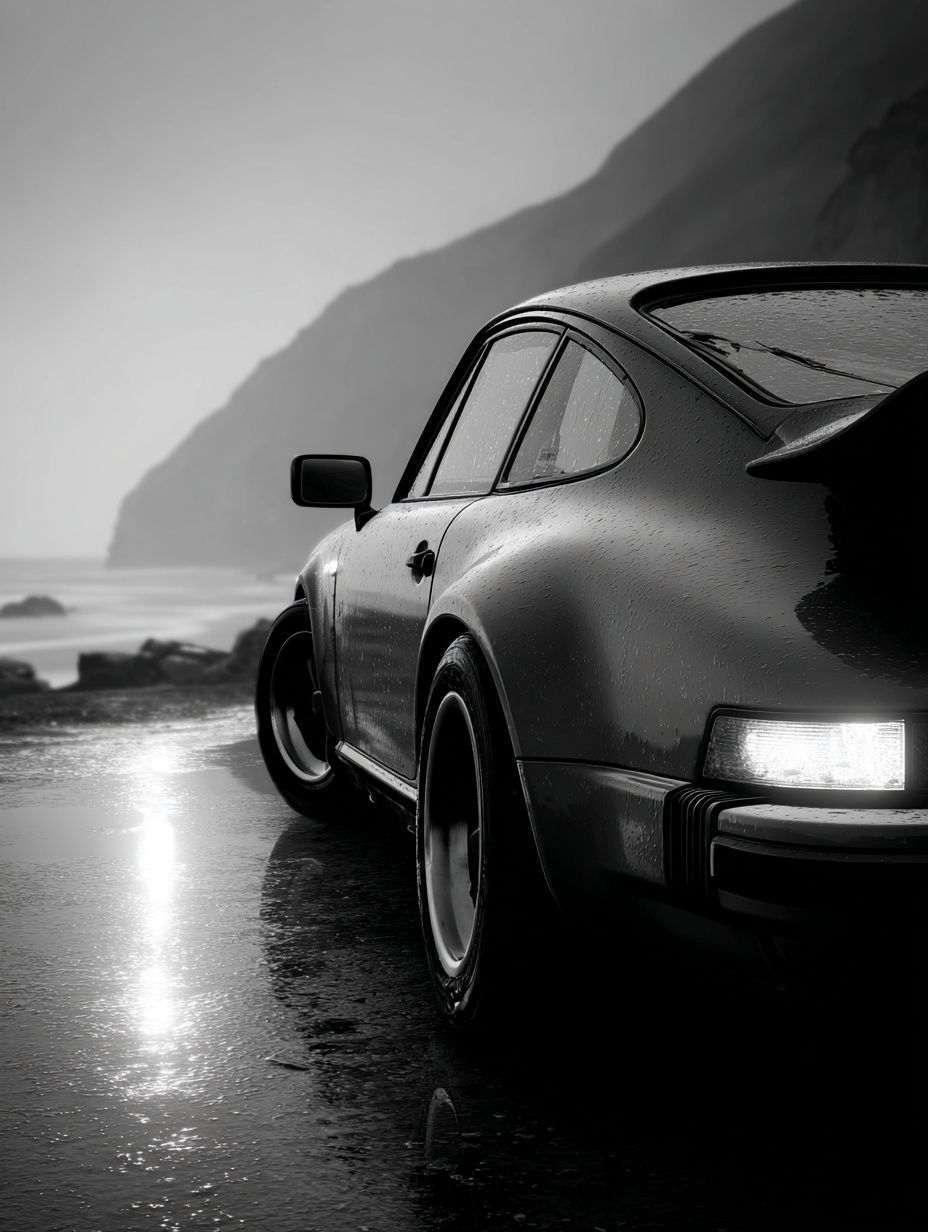 Rainy Coastal Porsche Black-White Poster. poster — photography art