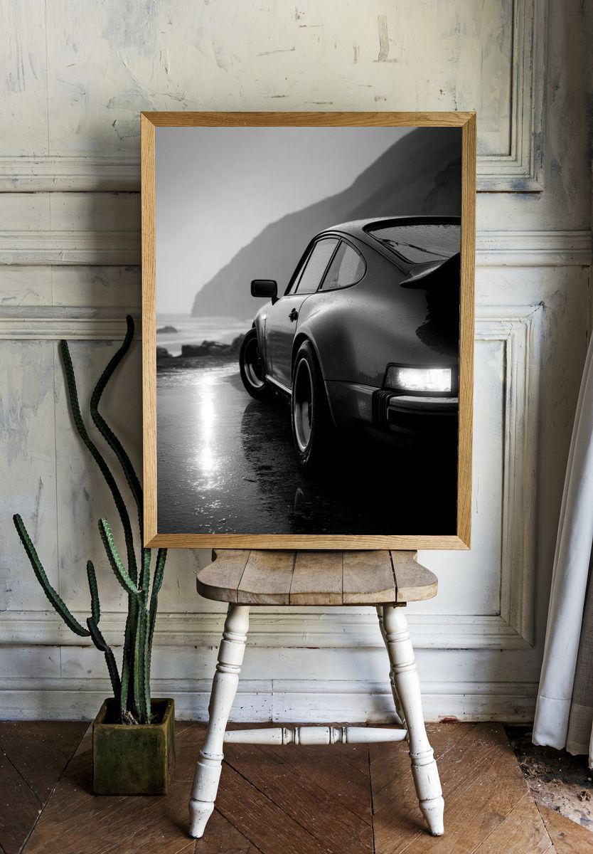 Rainy Coastal Porsche Black-White Poster. — room view 1