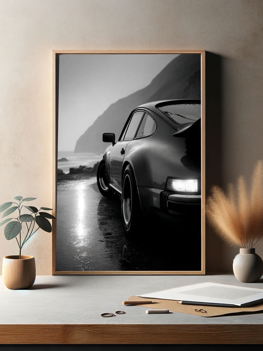 Rainy Coastal Porsche Black-White Poster. — room view 2