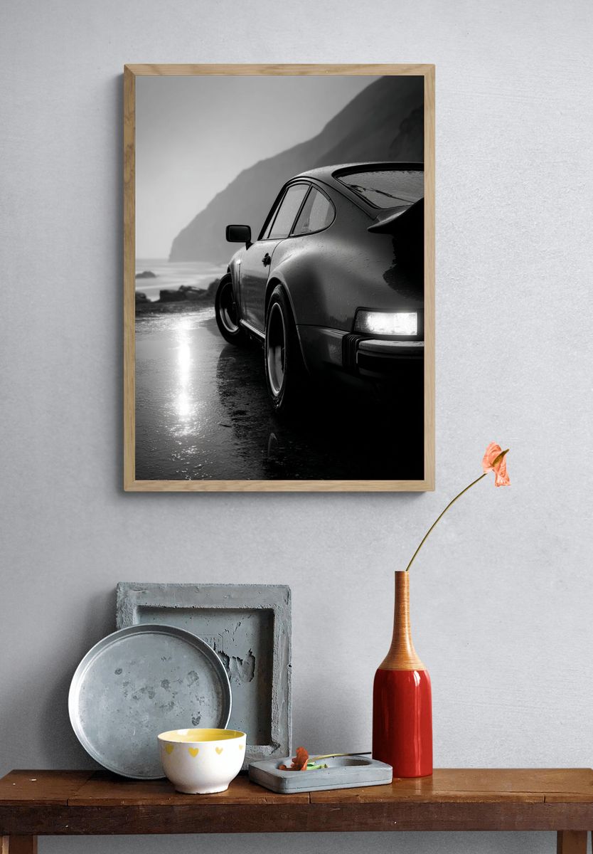 Rainy Coastal Porsche Black-White Poster. — room view 3