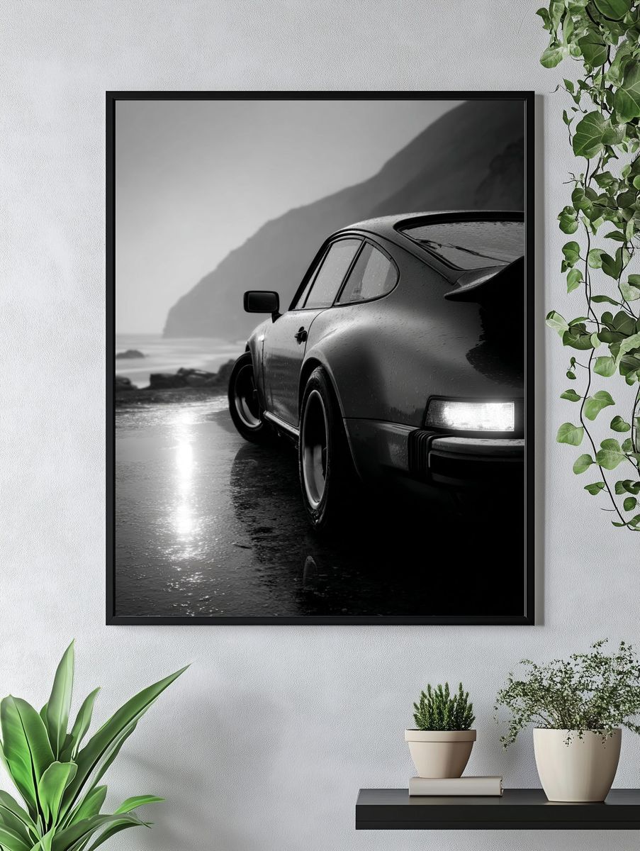 Rainy Coastal Porsche Black-White Poster. — room view 4