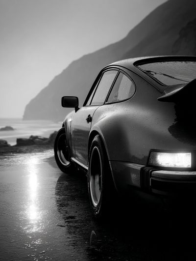 Rainy Coastal Porsche Black-White Poster. poster