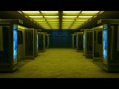 Neon Subway Corridor Photography Poster.