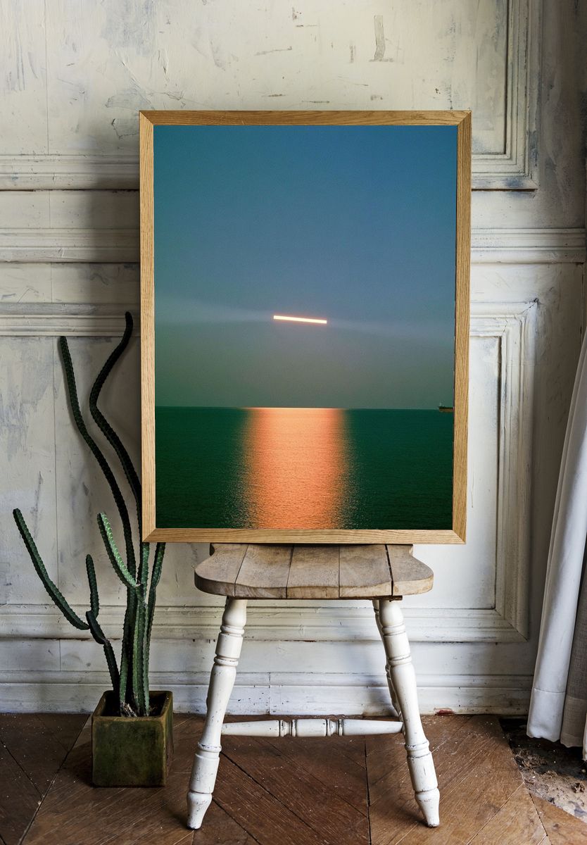 Moonlit Sea Horizon Photography Poster. room preview