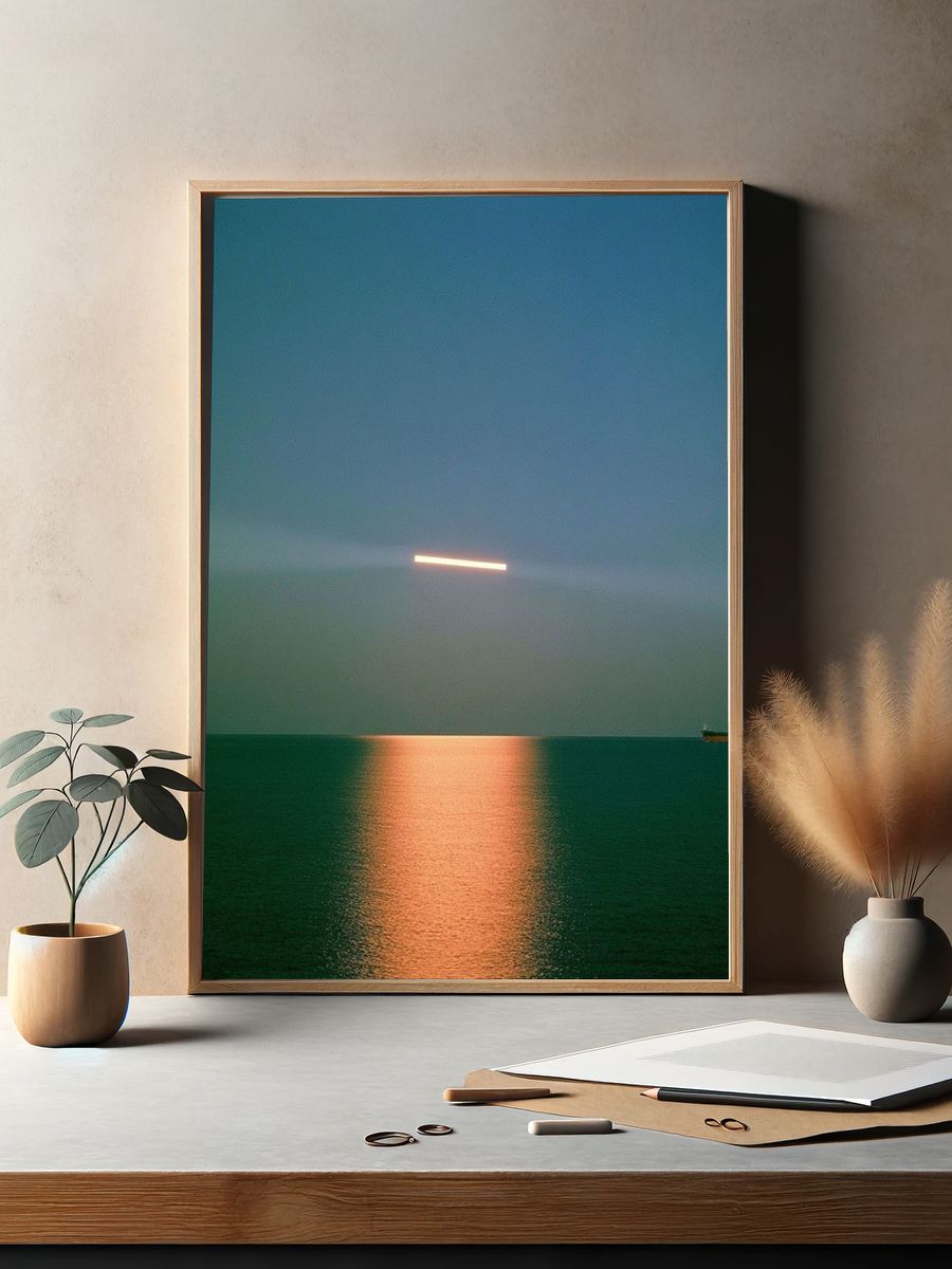Moonlit Sea Horizon Photography Poster. — room view 2