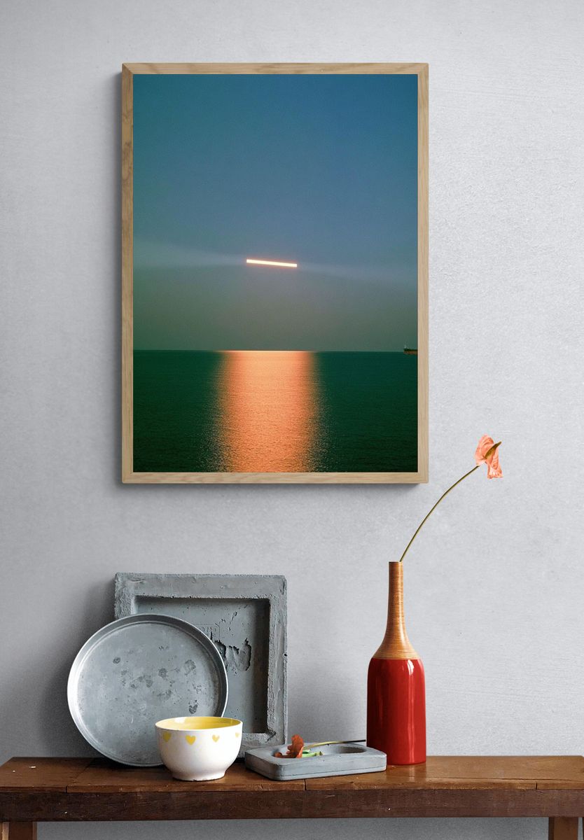 Moonlit Sea Horizon Photography Poster. — room view 3