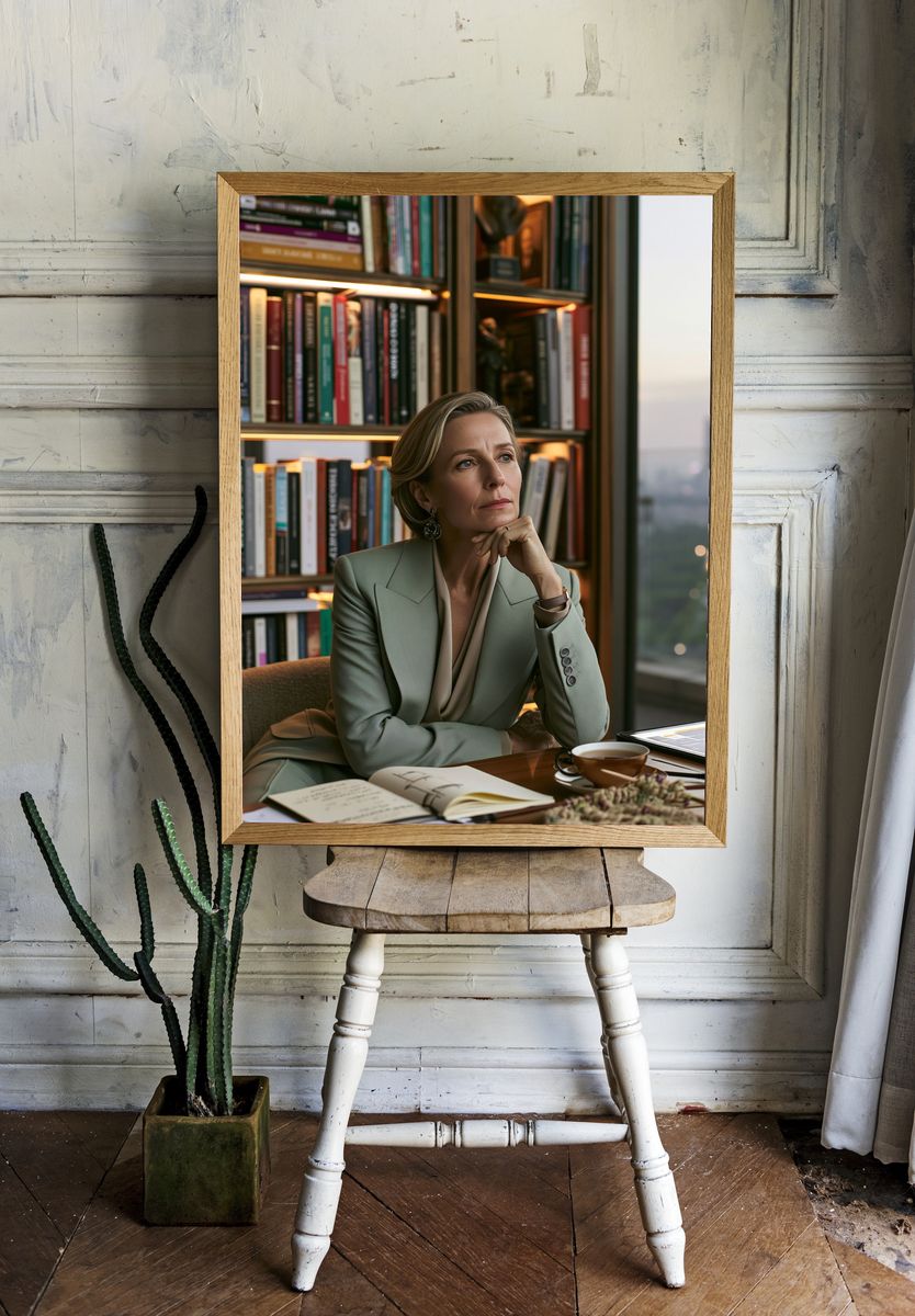 Elegant Woman in Library Photography Poster. room preview