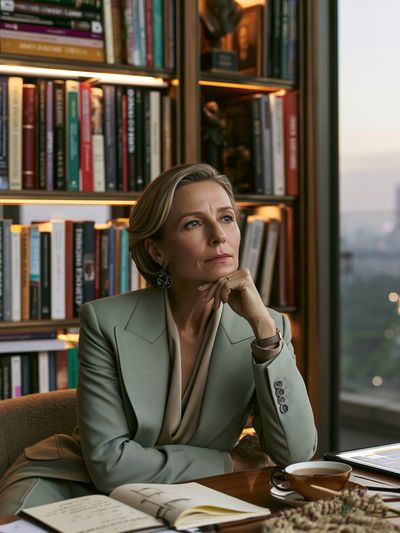 Elegant Woman in Library Photography Poster.