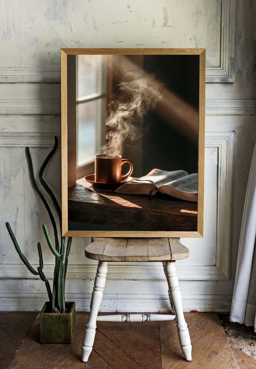 Steaming Coffee and Open Book Photography Poster. — room view 1