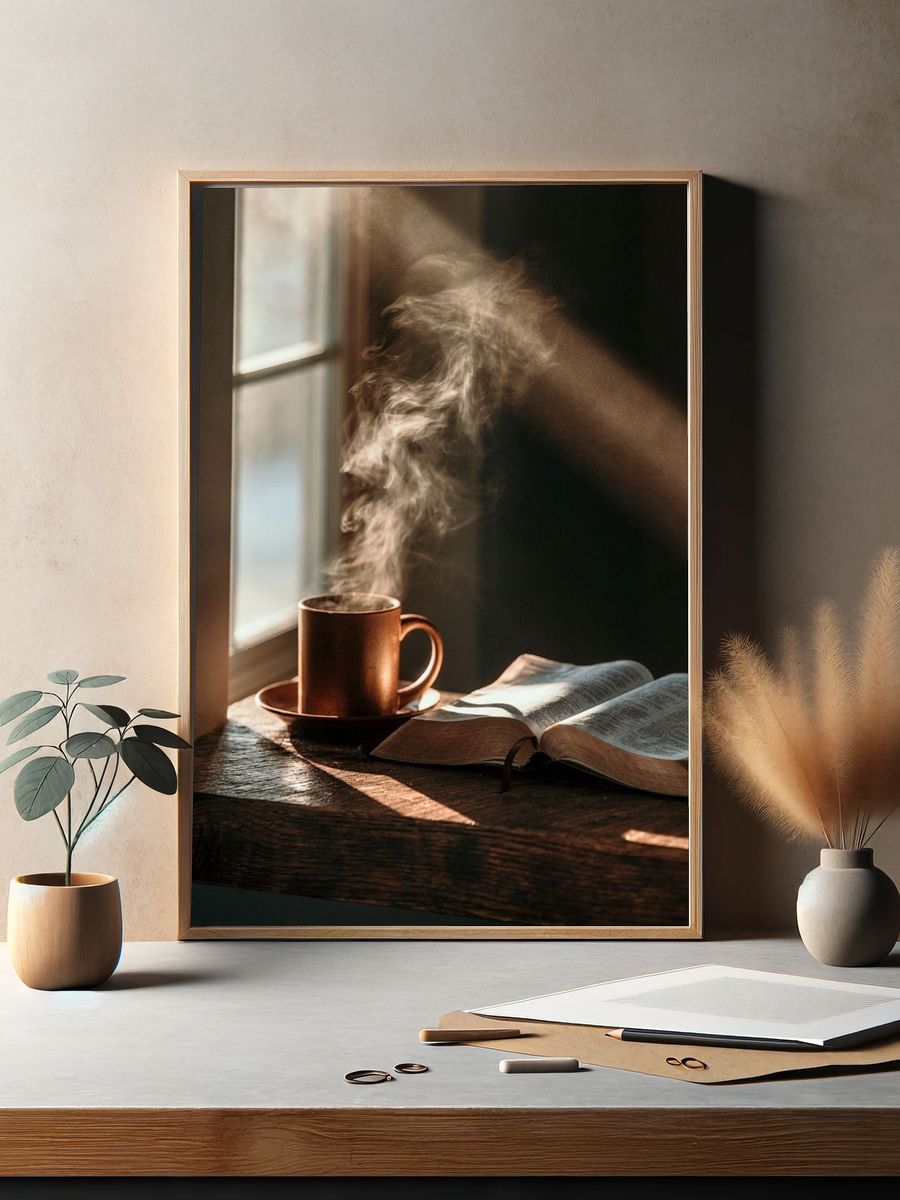 Steaming Coffee and Open Book Photography Poster. — room view 2