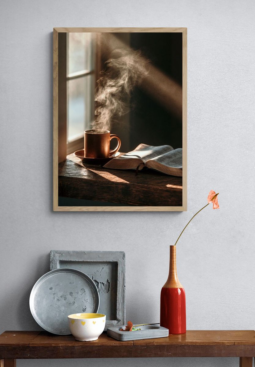 Steaming Coffee and Open Book Photography Poster. — room view 3