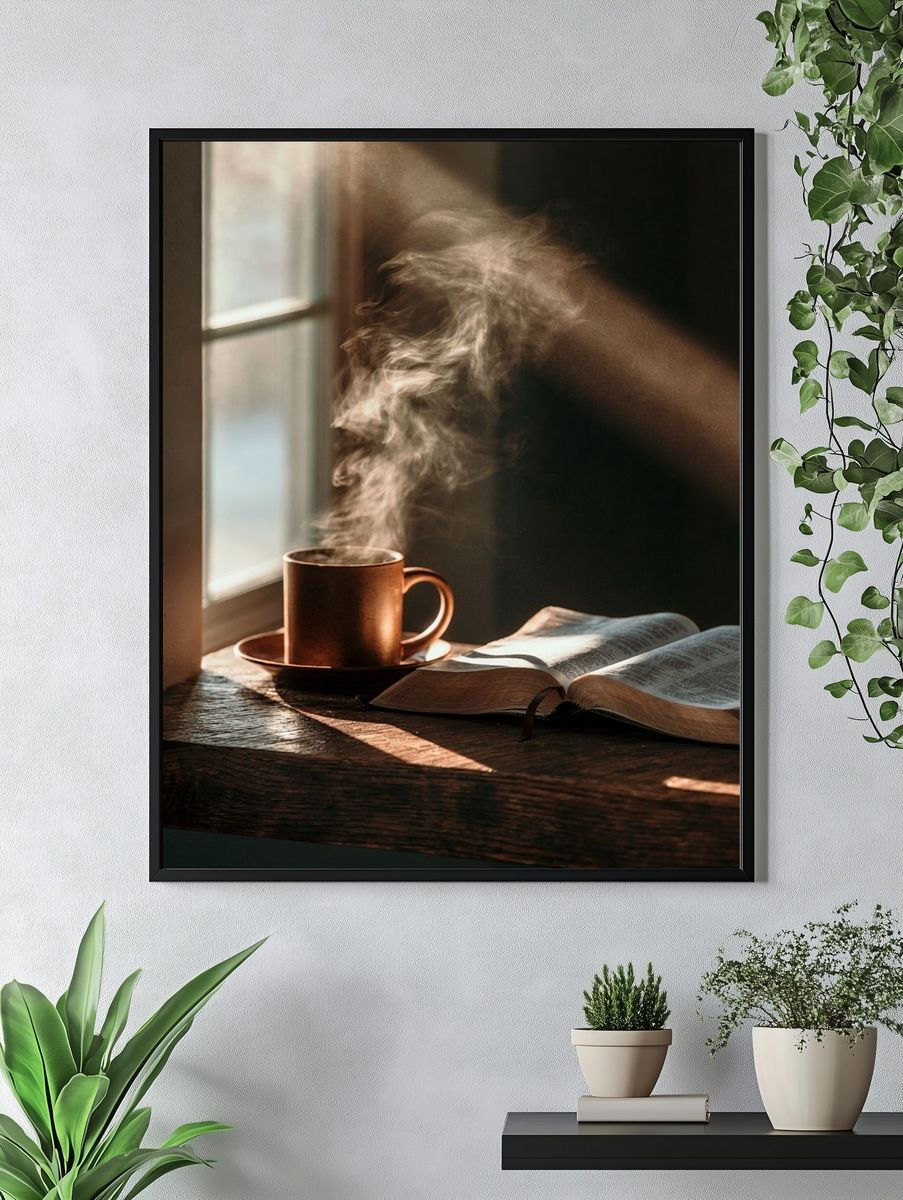 Steaming Coffee and Open Book Photography Poster. — room view 4