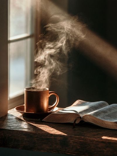 Steaming Coffee and Open Book Photography Poster. poster print