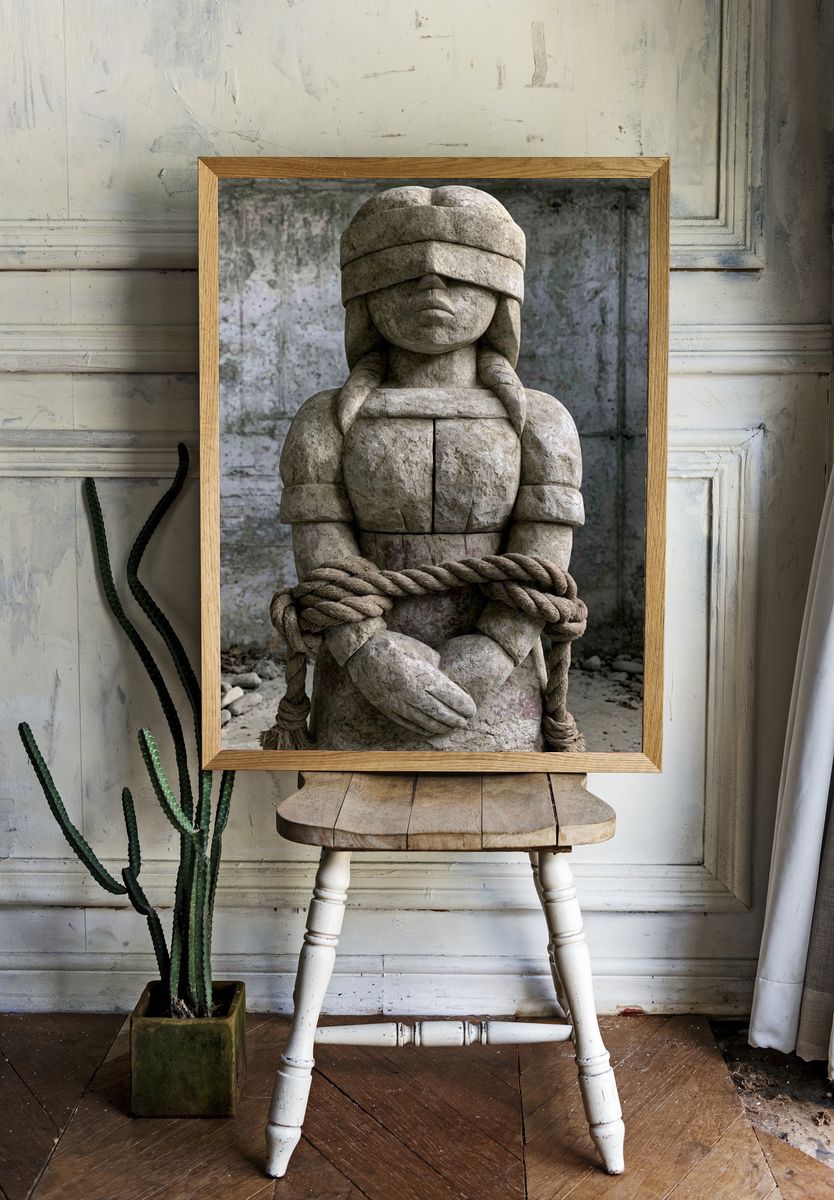 Blindfolded Stone Figure Photography Poster. room preview