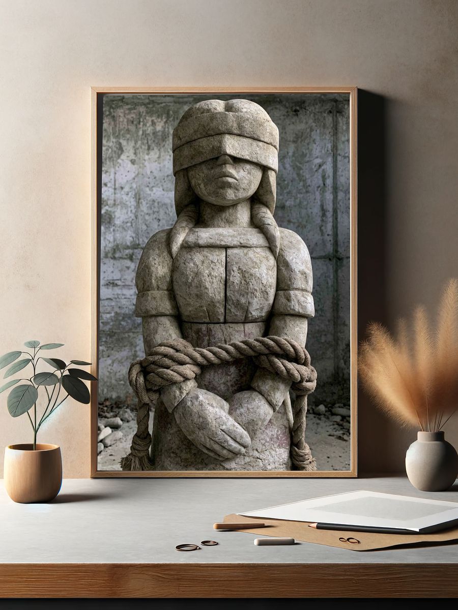 Blindfolded Stone Figure Photography Poster. — room view 2
