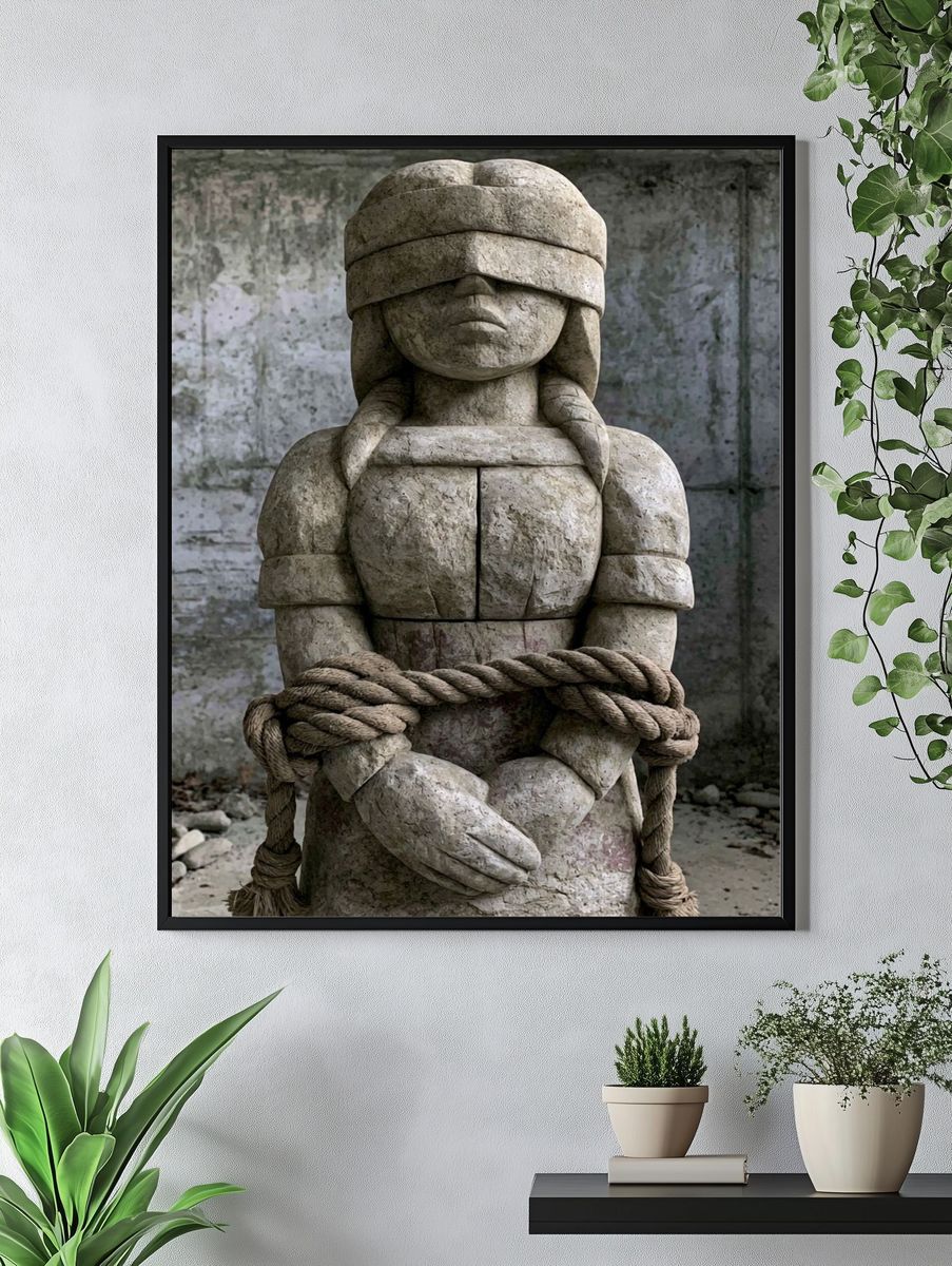 Blindfolded Stone Figure Photography Poster. — room view 4