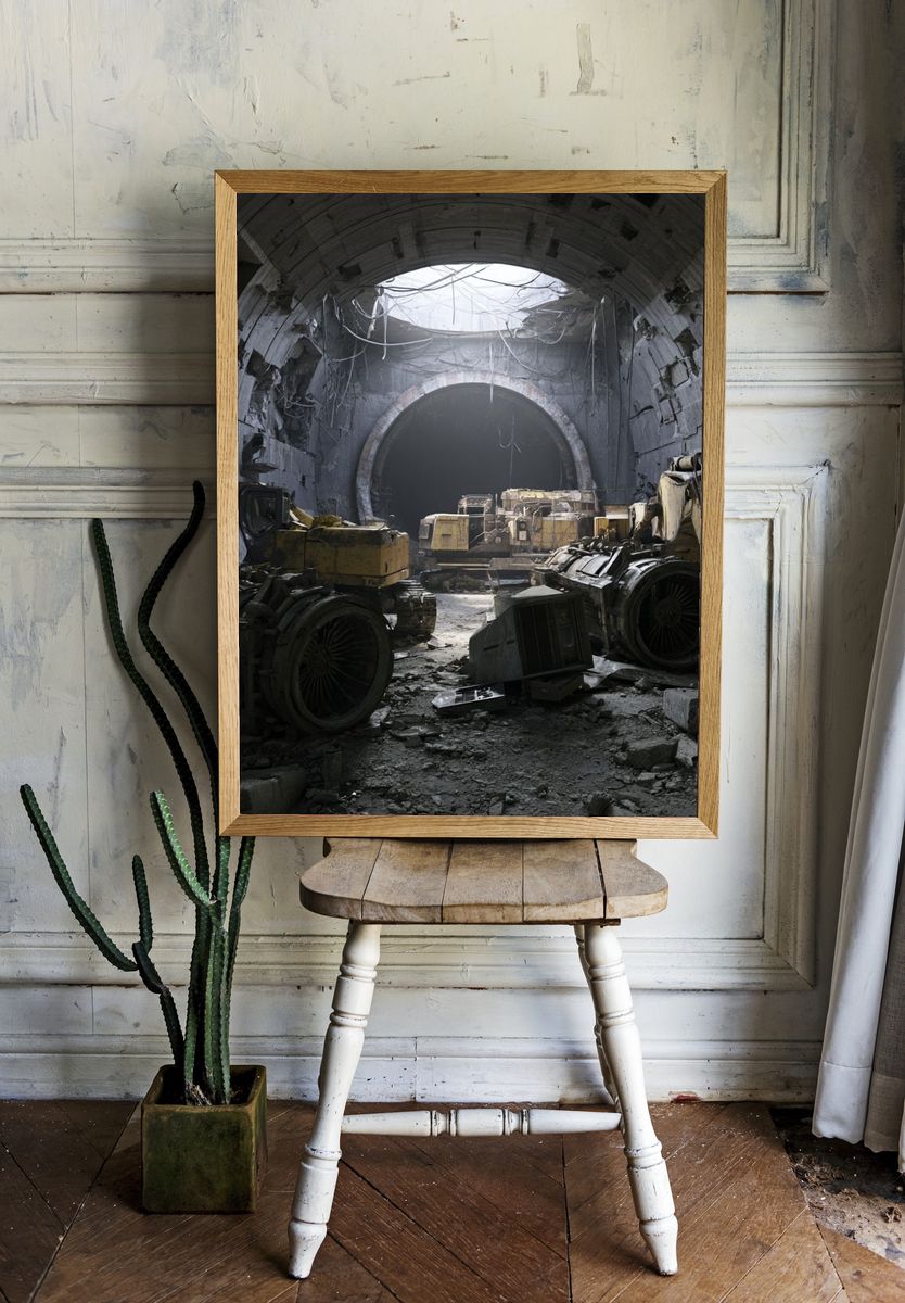Abandoned Tunnel Machinery Photography Poster. — room view 1