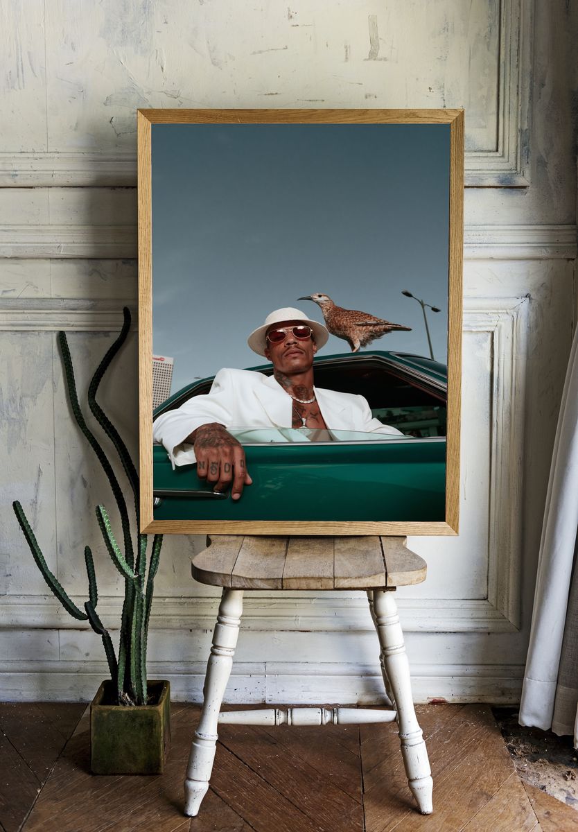 Stylish Portrait with Bird Photography Poster. room preview