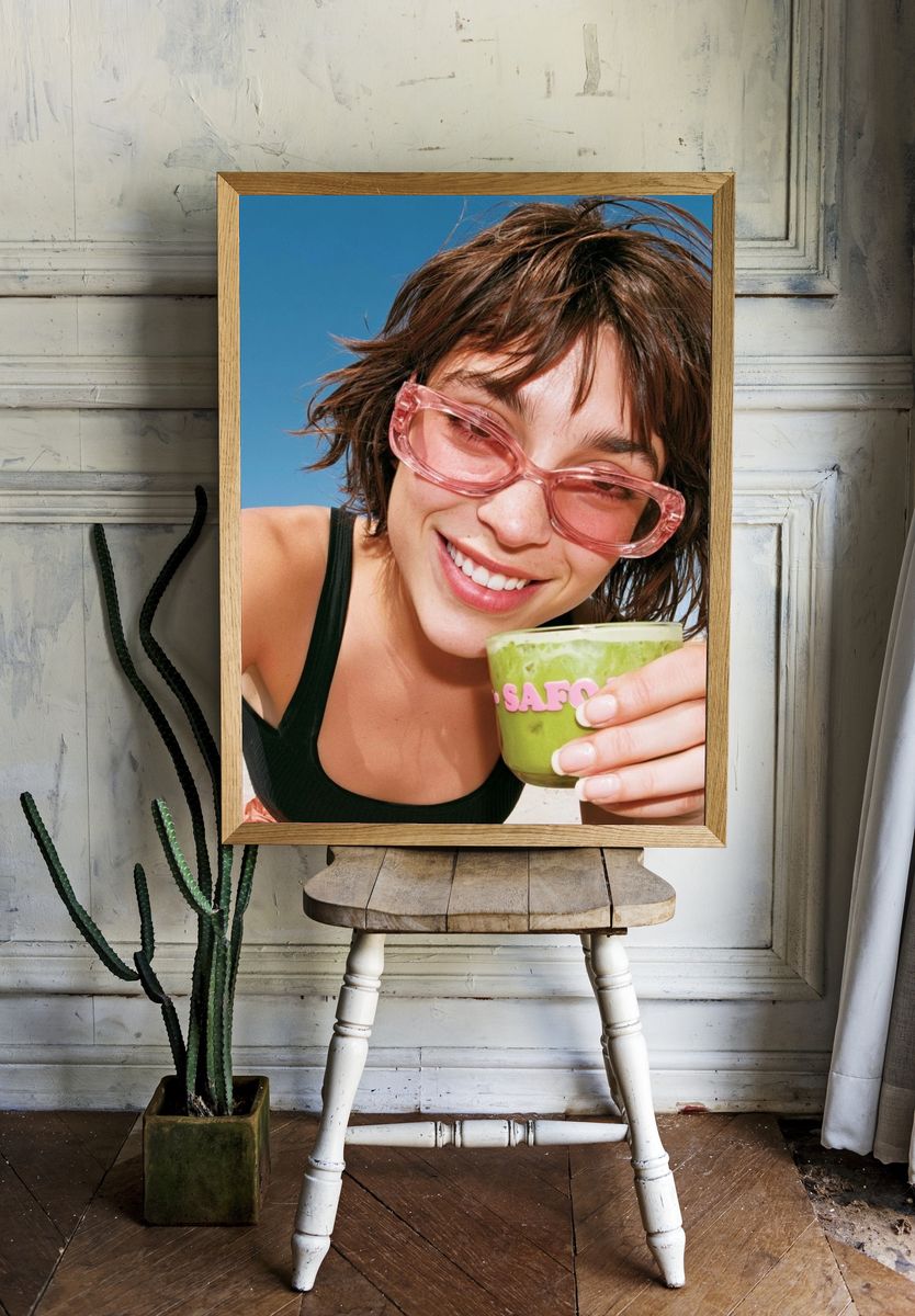 Smiling Woman with Matcha Portrait Poster. room preview