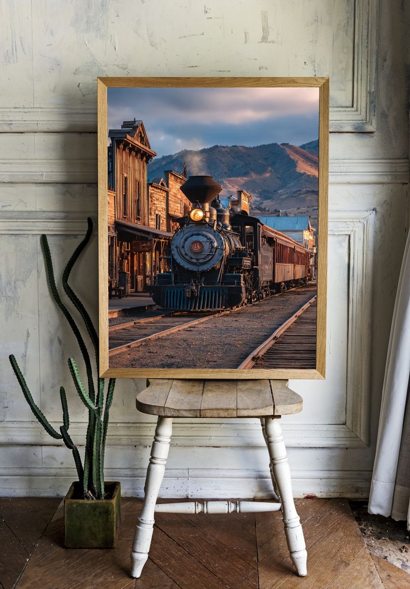 Vintage Steam Train at Sunset Poster. — room view 1