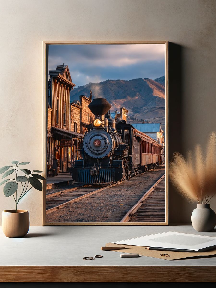 Vintage Steam Train at Sunset Poster. — room view 2