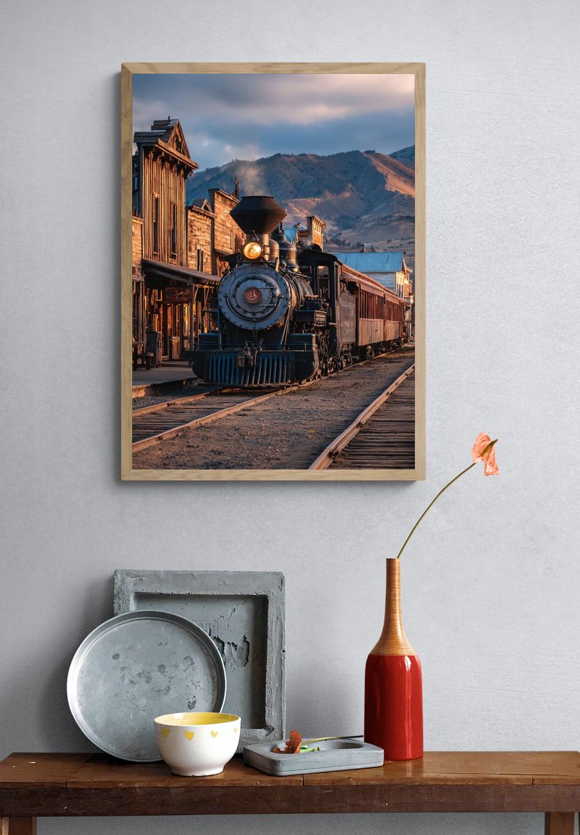 Vintage Steam Train at Sunset Poster. — room view 3