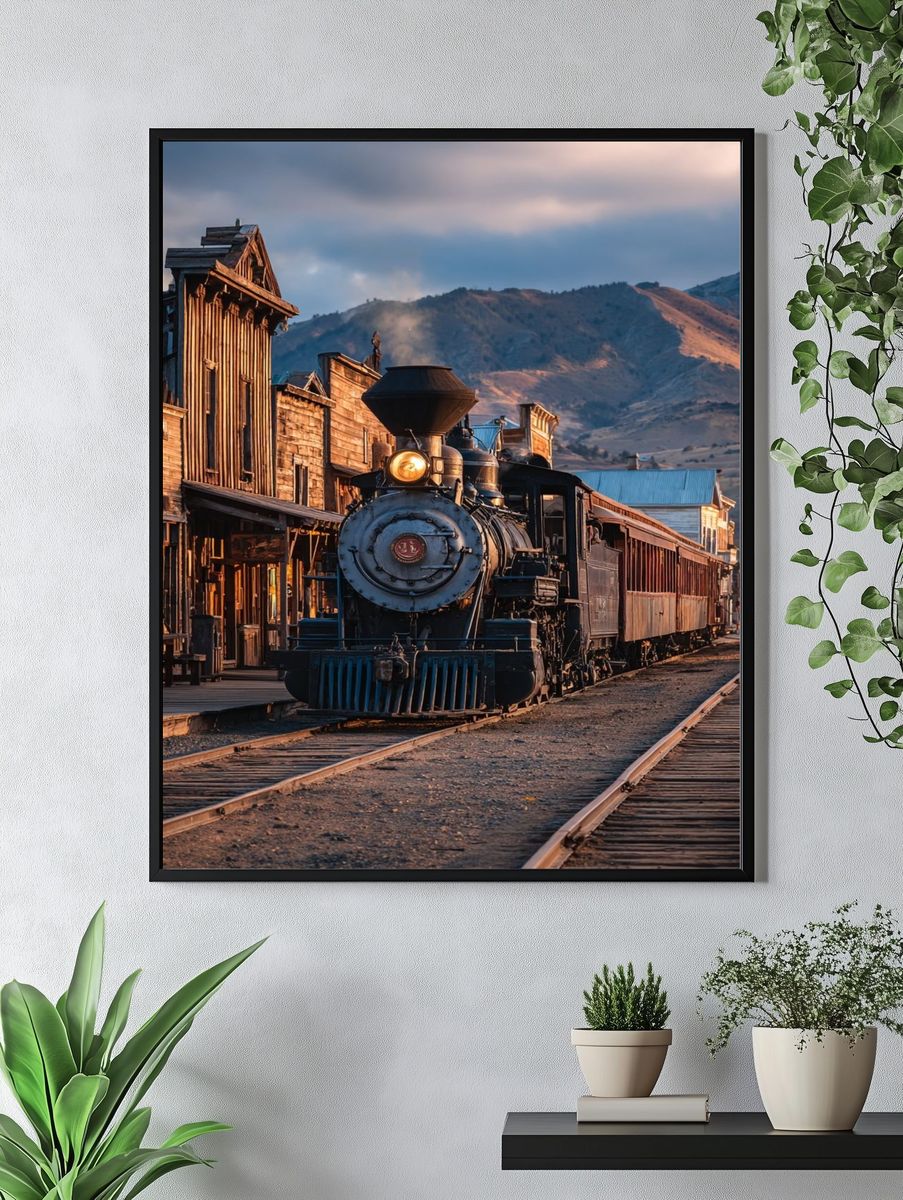 Vintage Steam Train at Sunset Poster. — room view 4