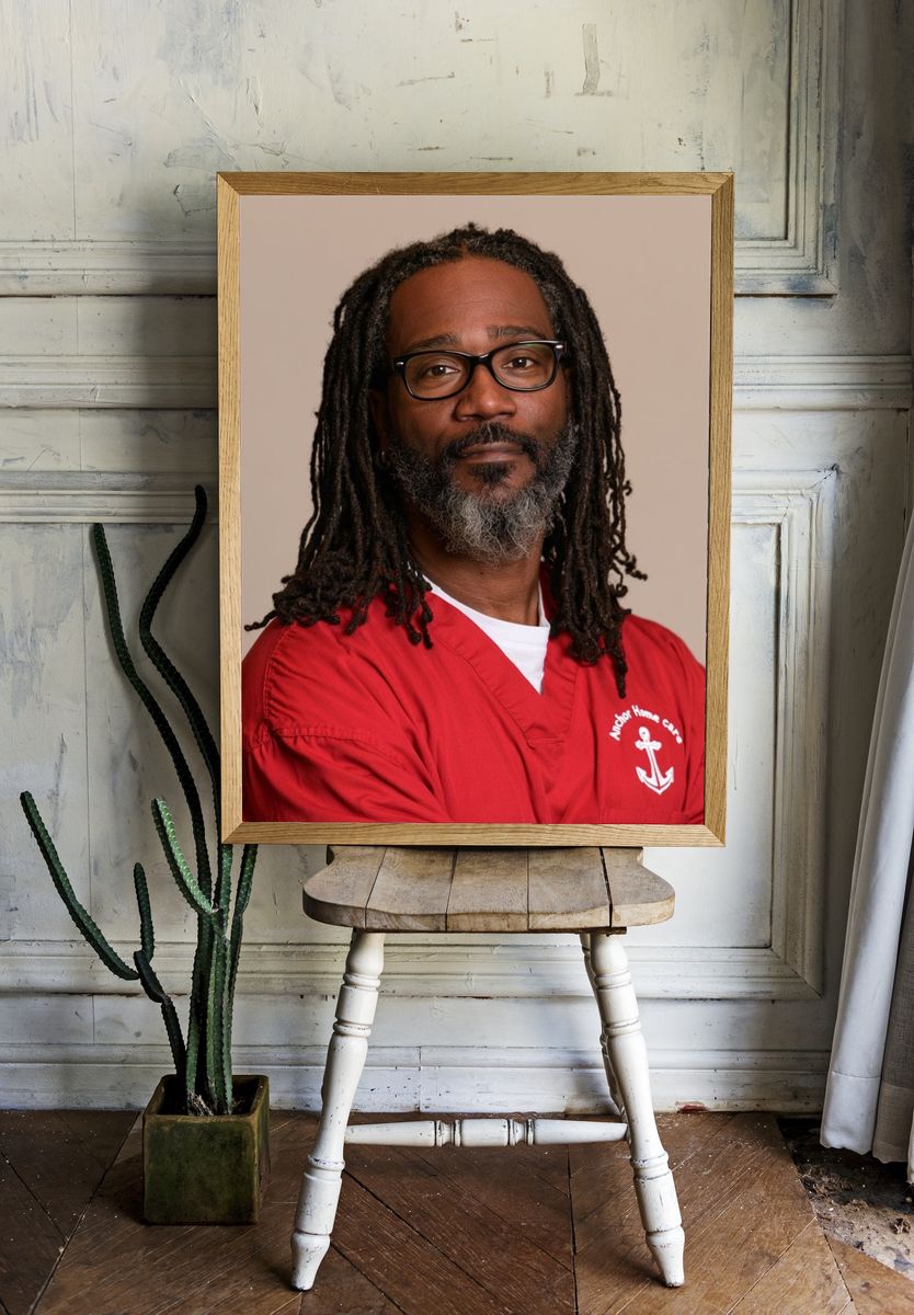 Portrait in Red Scrubs Photography Poster. — room view 1