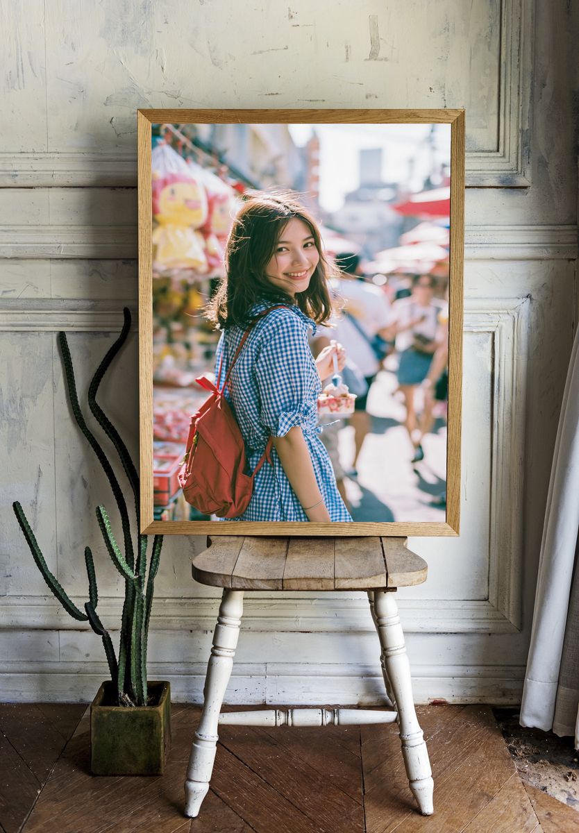 Smiling Girl Street Portrait Print. room preview