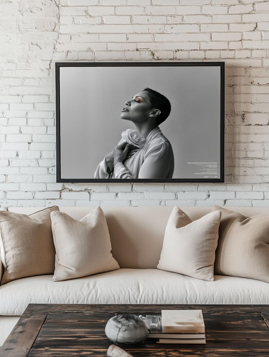 Monochrome Rose Portrait Print. room preview