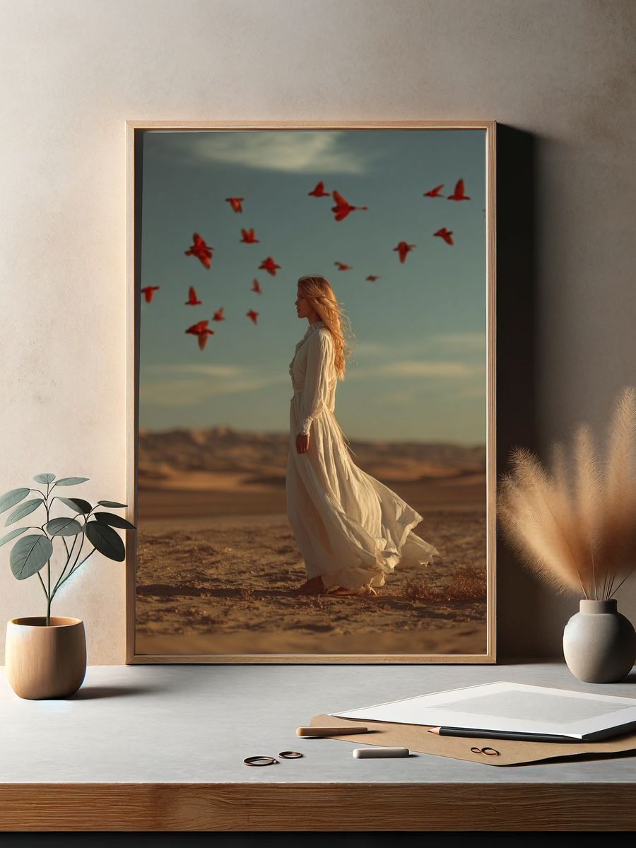 Desert Woman with Red Birds Print. — room view 2