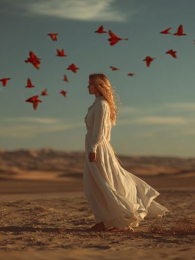 Desert Woman with Red Birds Print. poster