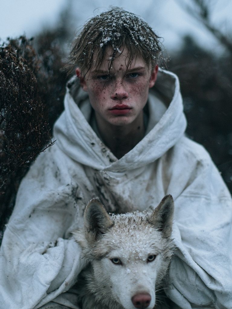 Snowy Boy and Wolf Portrait Poster. poster detail