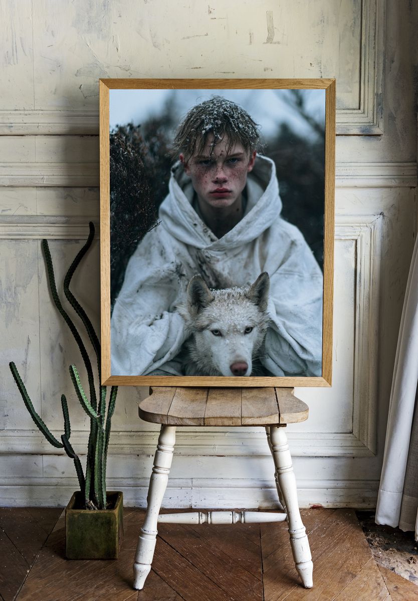 Snowy Boy and Wolf Portrait Poster. room preview