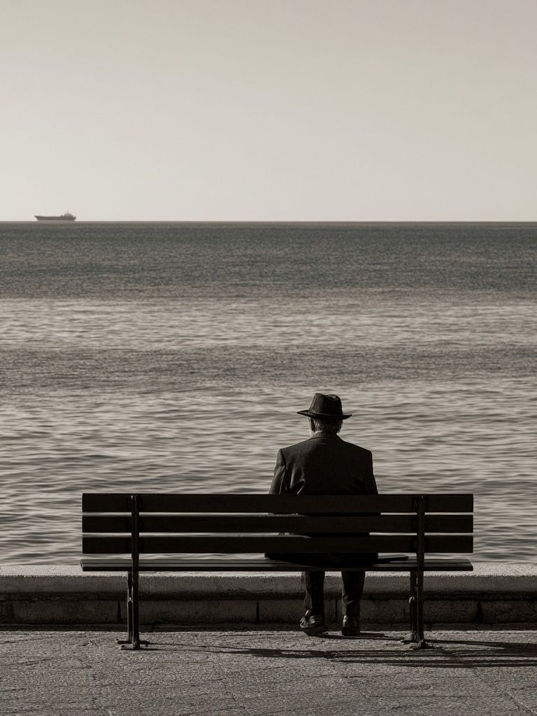Solitary Seaside Bench Photography Poster. poster detail