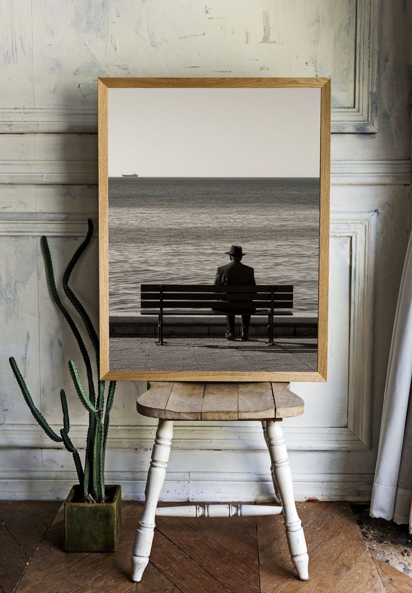 Solitary Seaside Bench Photography Poster. room preview