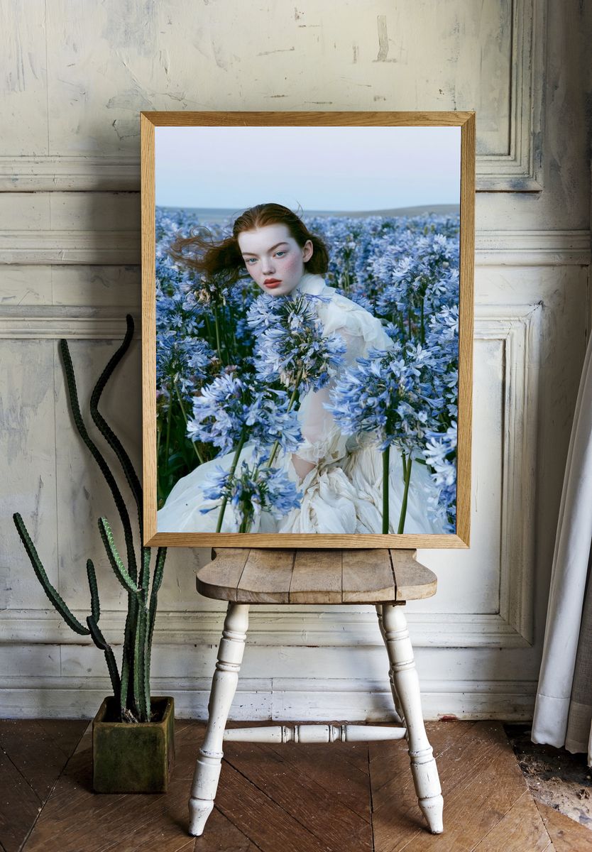 Blue Flower Field Portrait Print. room preview
