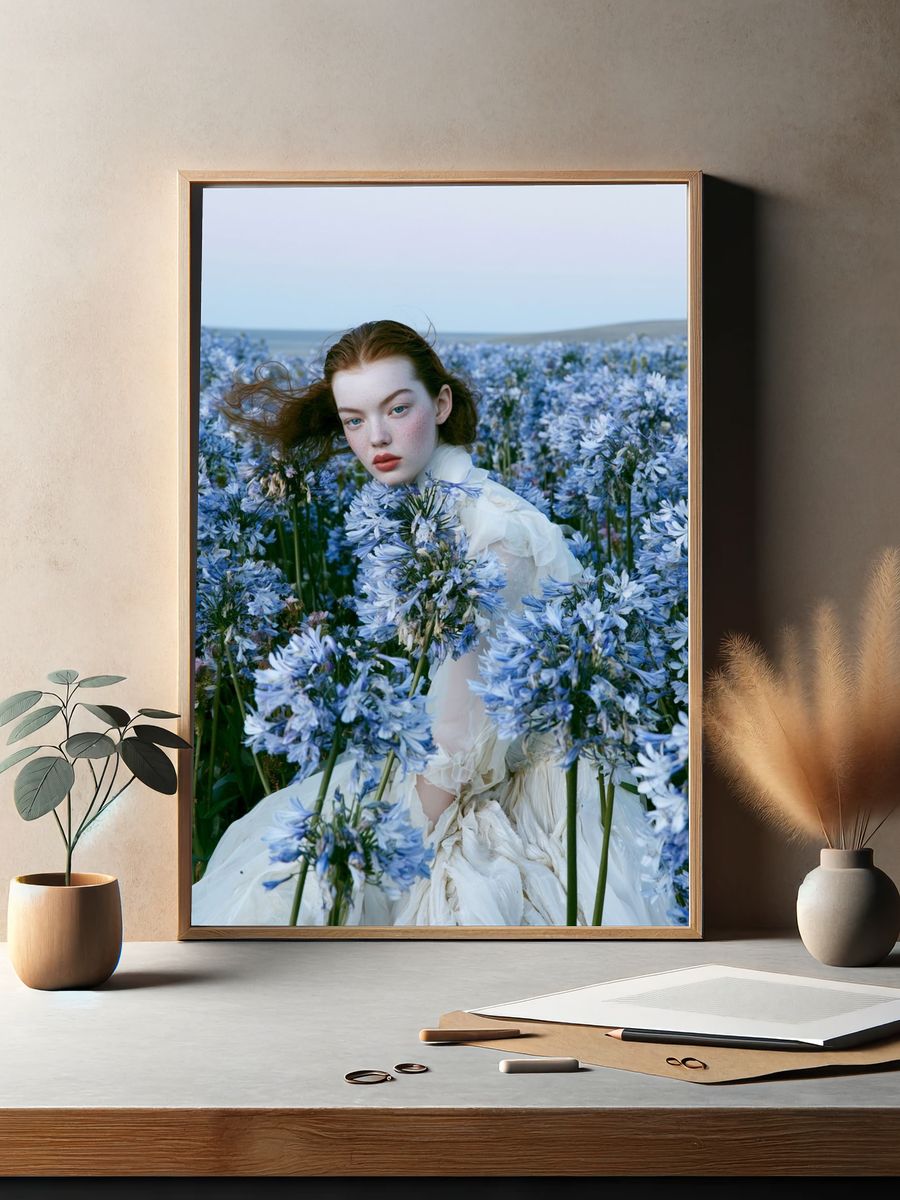 Blue Flower Field Portrait Print. — room view 2
