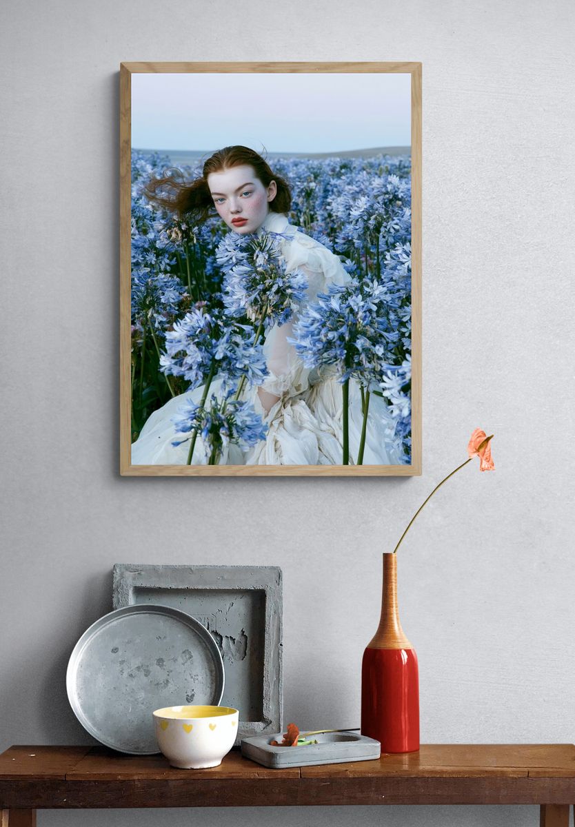Blue Flower Field Portrait Print. — room view 3