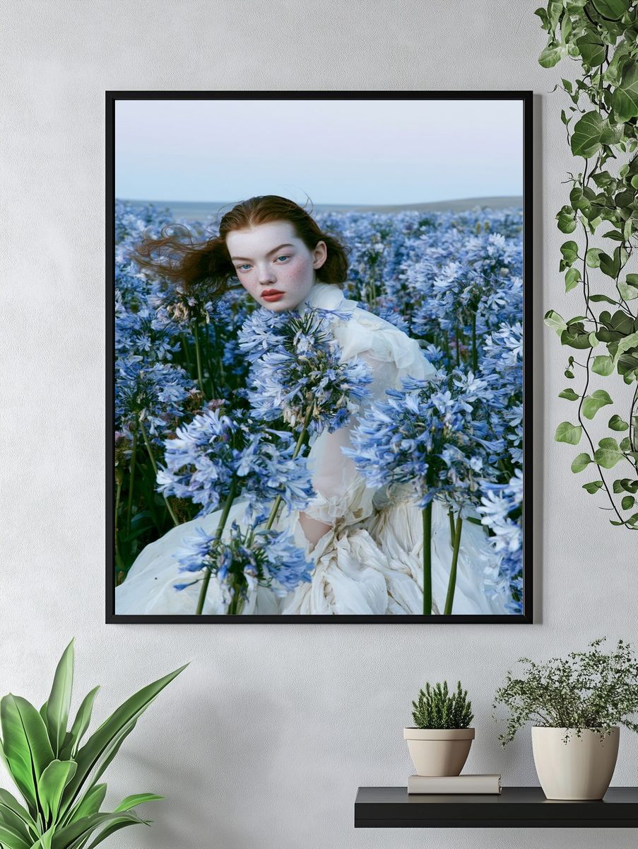 Blue Flower Field Portrait Print. — room view 4