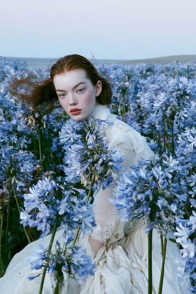 Blue Flower Field Portrait Print.