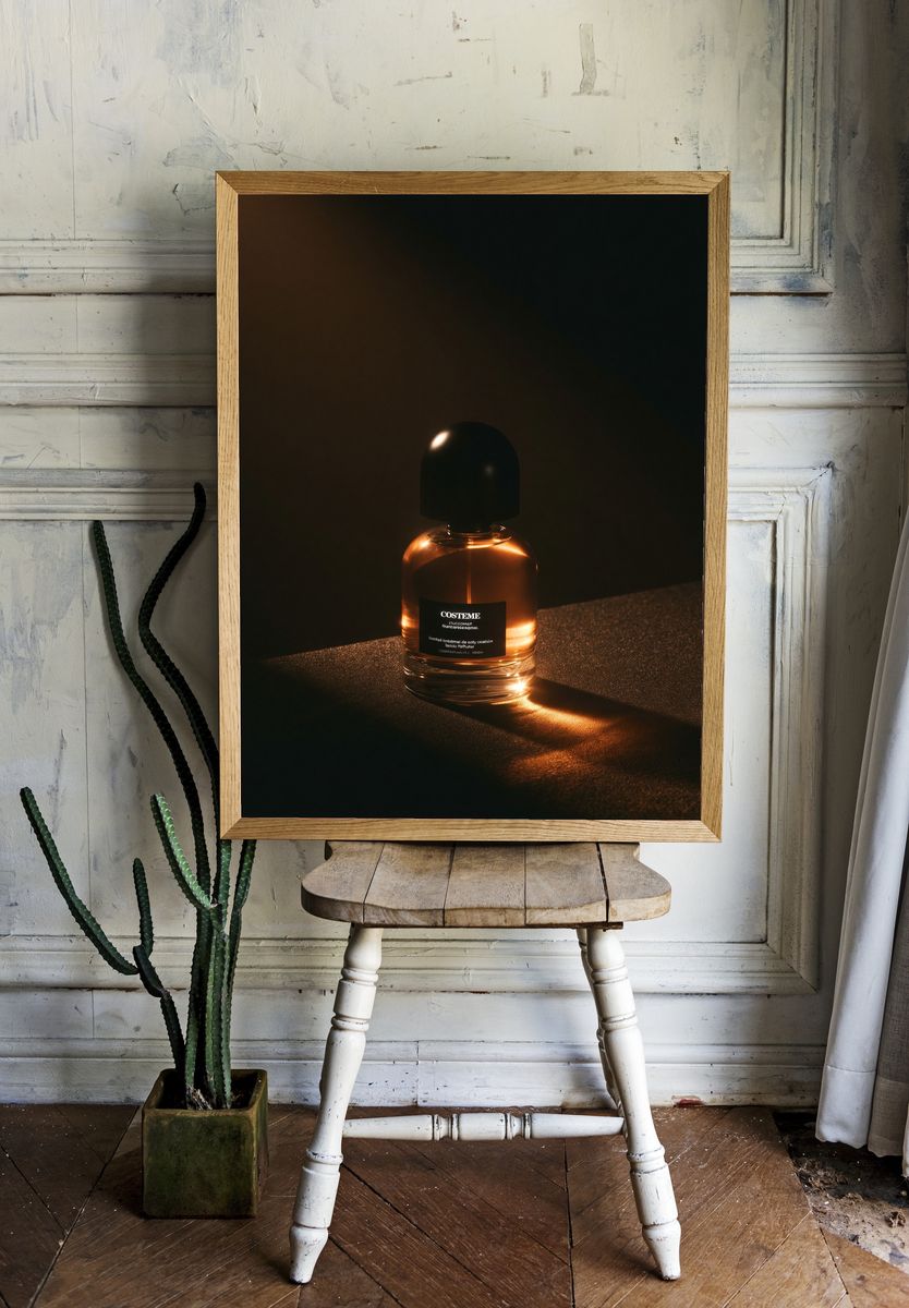 Amber Perfume Bottle Photography Poster. — room view 1