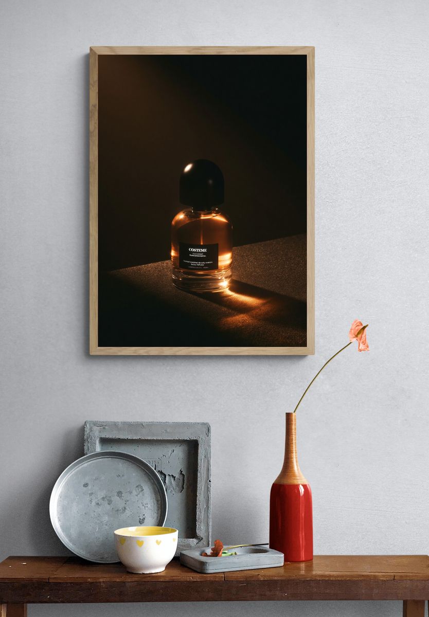 Amber Perfume Bottle Photography Poster. — room view 3