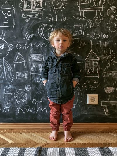Child in Chalkboard Drawing Room Poster.